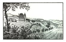 Schloss Lustbühel, Lithographie von Joseph Franz Kaiser um 1830